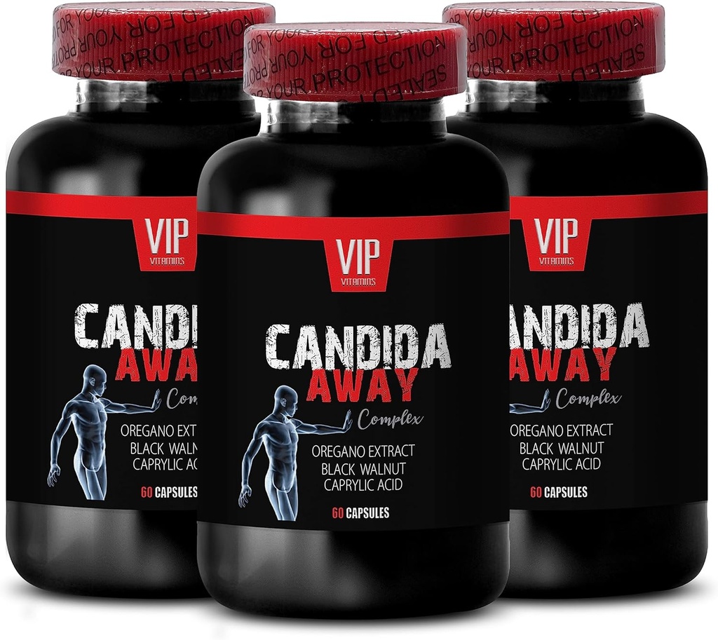 estratto di noce nero, processo standard complesso di flora intestinale - CANDIDA AWAY COMPLEX - estratto di foglia di aloe vera, acido caprilico, booster immunitario, capsule di olio di origano super resistenza organica - 3 Bot 180 Caps