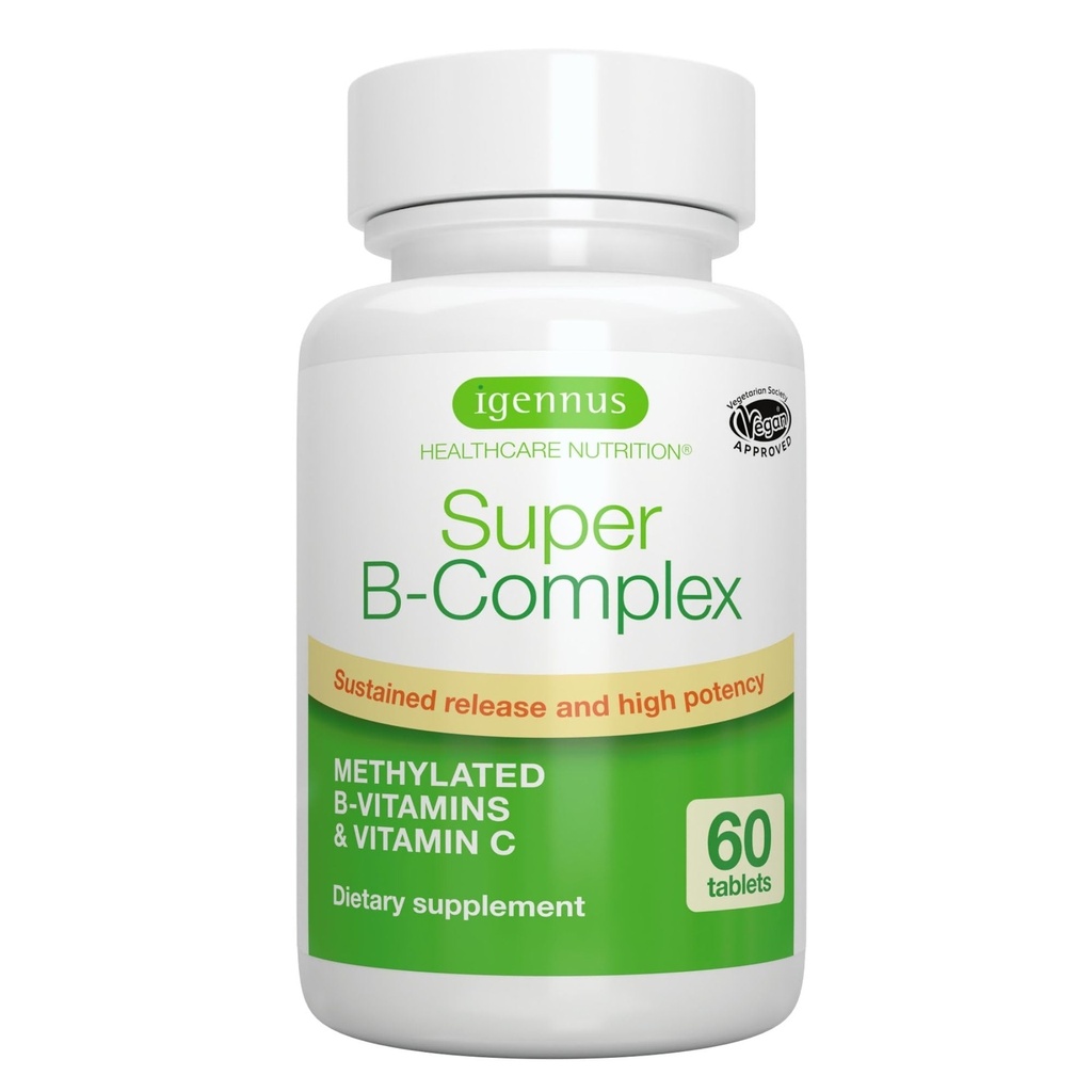 Igennus Super B-Complex Methylated B Vitamins - Rilascio prolungato, Etichetta pulita e ad alto assorbimento, con 5-MTHF Folate & Methyl B12, Energy, Mood & Cognitive Performance, Lab verificato, 60 piccole compresse