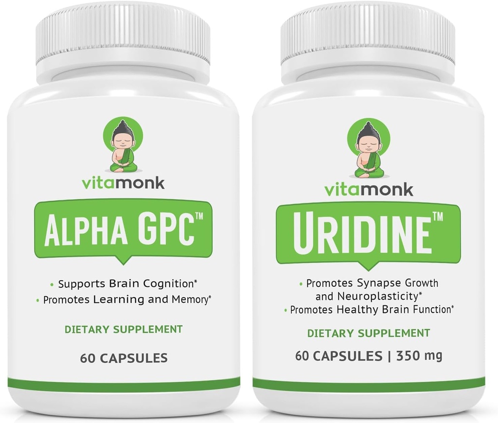 VitaMonk Alpha GPC e Uridine Stack - Mr Happy Stack - Uridine Monophosphate senza Filler Artificiali - Biodisponibili Integratori Choline Promuovi Cognizione, Focus, Clarity Mentale
