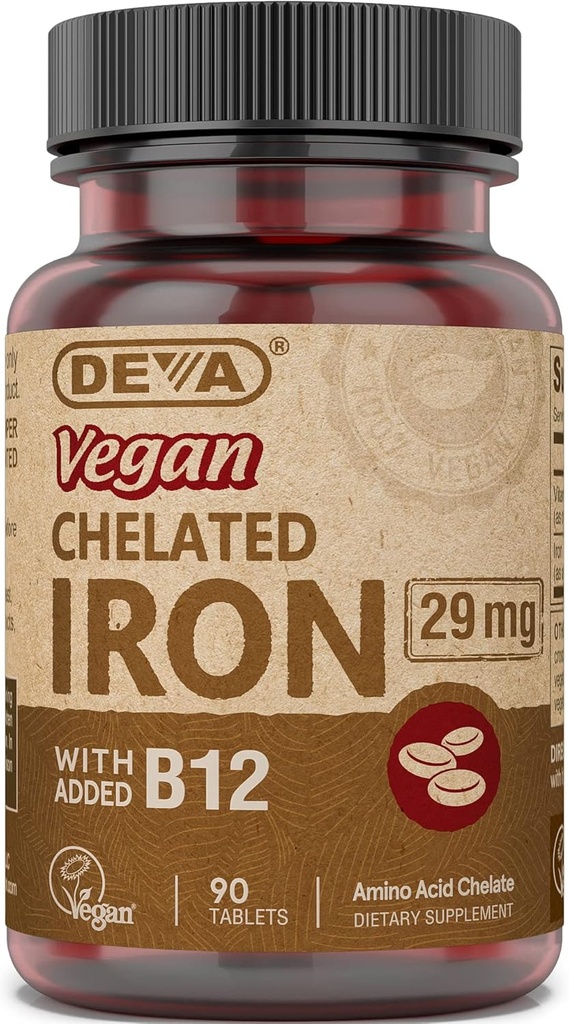 DEVA Vegan Chelated Iron con aggiunta di vitamina B-12, integratore alimentare, 29 mg, 90 conte