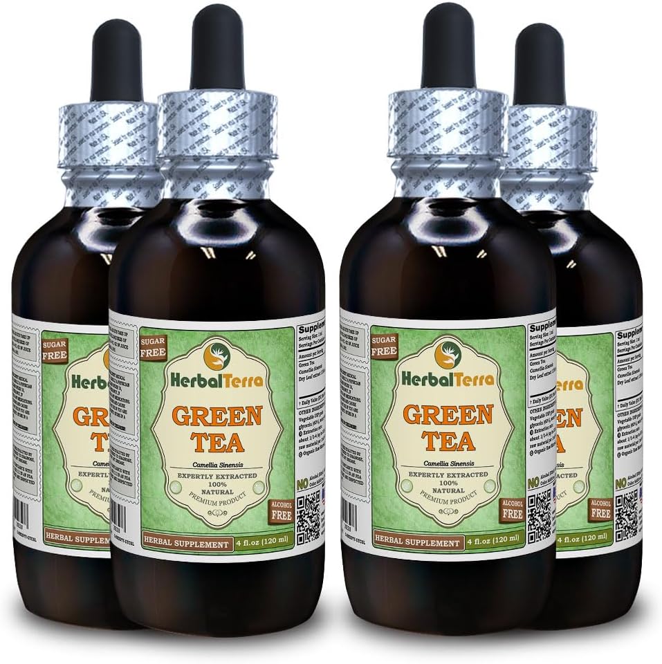 Tè verde (Camellia Sinensis) Glicerite, foglie secche organiche Estratto liquido privo di alcol (Nome: HerbalTerra, Proudly Made in USA) 4x4 fl.oz (4x120 ml)