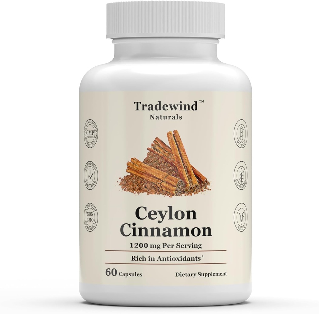 Ceylon Cinnamon 1200mg - Pure Ceylon Cinnamon - Vegan - Non OGM - Supporto Cuore e Salute Cognitiva - Ricco di Antiossidanti - 60 capsule vegetali - Made in the USA
