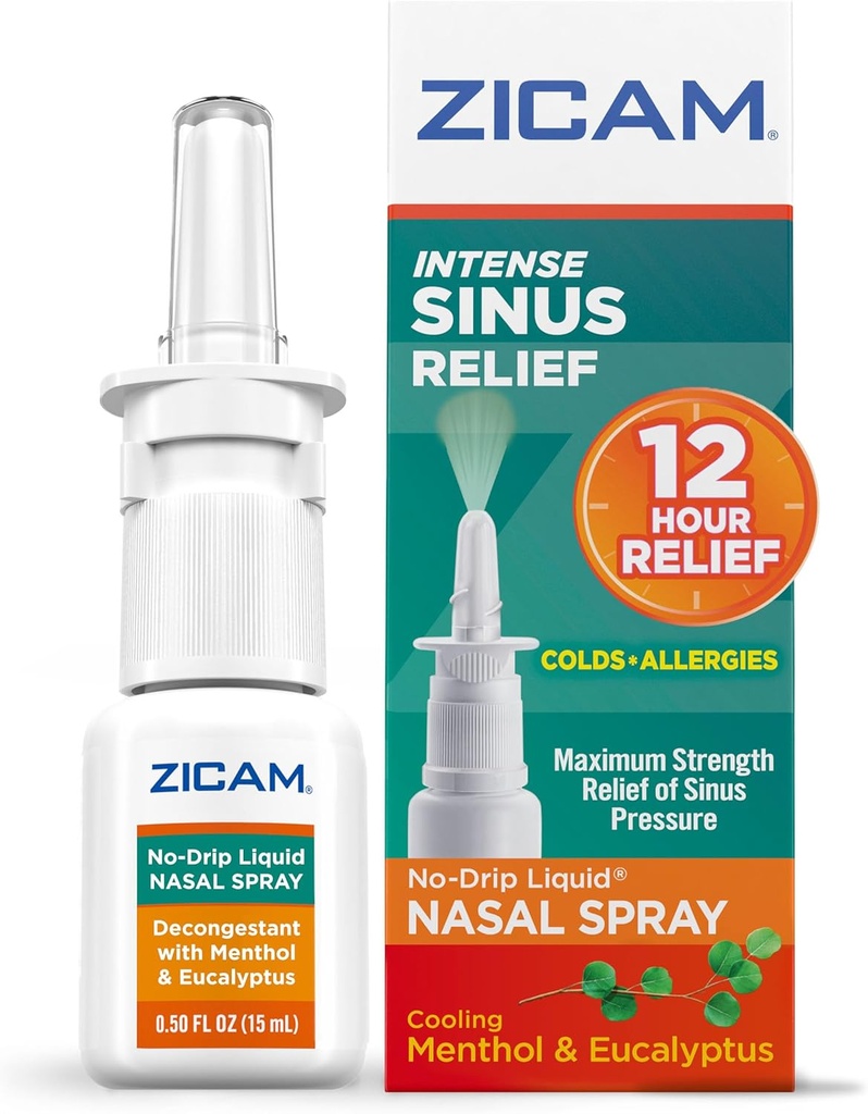 Zicam Intense Sinus Relief No-Drip Liquid Nasal Spray con Cooling Menthol & Eucalyptus, 0.5 Ounce (Pack of 1)
