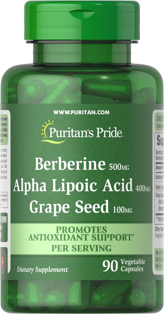 Puritan's Pride Berberine, Alpha Lipoic Acid & Grape Seed, promuove il supporto antiossidante, 90 capsule vegetali