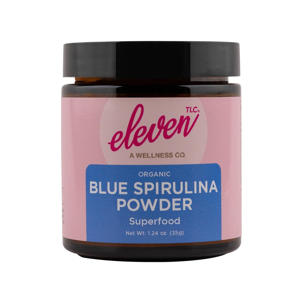 Eleven TLC, Polvere di Spirulina Blu Organica, senza aroma, Superfood, Vitamine + Minerali, Espirulina Azul en Polvo, Proteine delle Piante, Non OGM, Vaso di vetro non disordinato, 1.24 Ounce 35 Servings