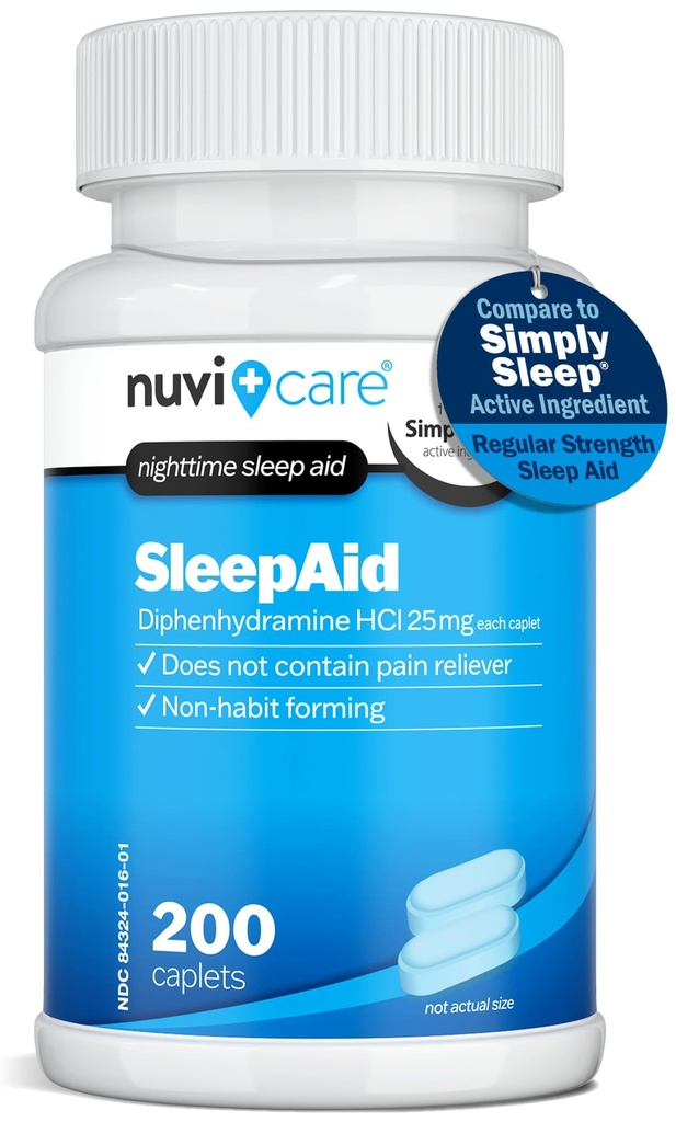 Nighttime Sleep Aid with Diphenhydramine HCl 25 mg - Non Habit Forming Pills sonno di resistenza regolare per gli adulti - Non contiene dolore Reliever - OTC Sleep Aids per gli adulti (200 Caplets)