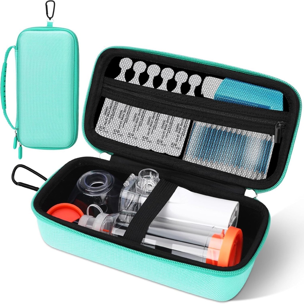 Asma Inhaler caso, Portable Nebulizer Organizer, Travel-Ready con Mesh Pocket, Doppio Zippers, Silicone Handle, Bambini e adulti, Elegante Verde