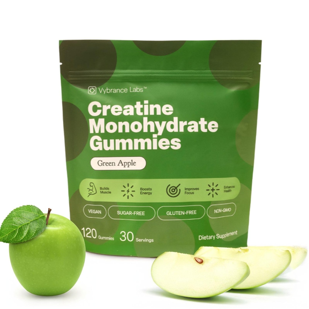 Creatina Gummies 5g Monoidrato + Taurina & B12 - Senza zucchero, Vegan, senza glutine - Mela verde - 120 Conte (30 Serve) per resistenza, energia e messa a fuoco