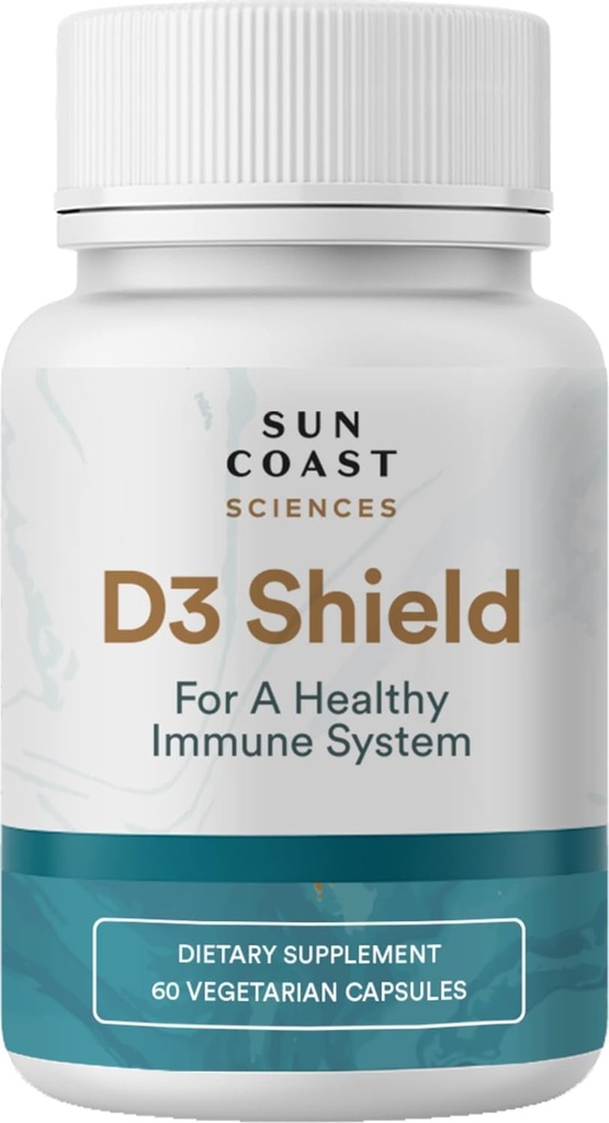 Sun Coast Science Sciences D3 Shield - Vitamina D3 5000 IU per il supporto immunitario e la salute di ossa 60 capsule vegetariane K2 con 180mg Carbonato di calcio Assorbimento massimo