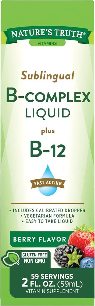 Verità Sublingual B Complex Liquid Plus B-12 Natural Berry Flavor Liquid - 2 oz, Confezione da 2