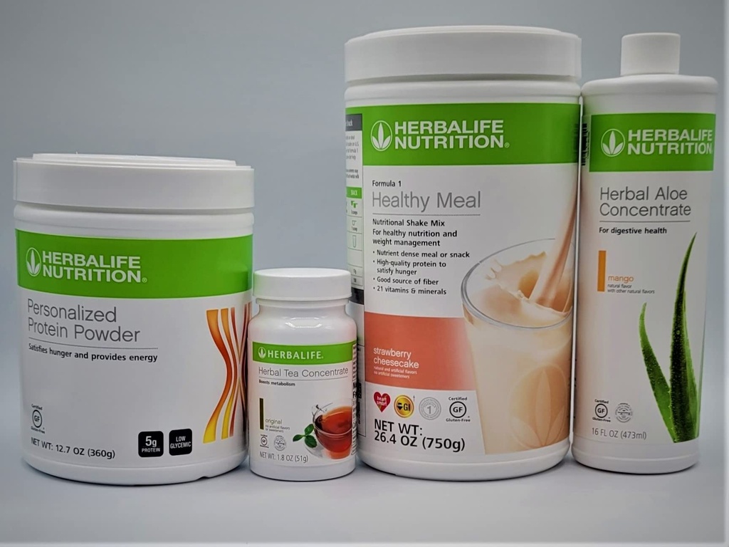HERBALIFE Formula 1 Quattro Combo (Strawberry Cheesecake 750g) Salute Nutritional Shake Mix-Herbal Aloe Concentrate Pint 473ml-PERSONALIZZATO Polvere proteica 360g e concentrato di tè erbe 51g