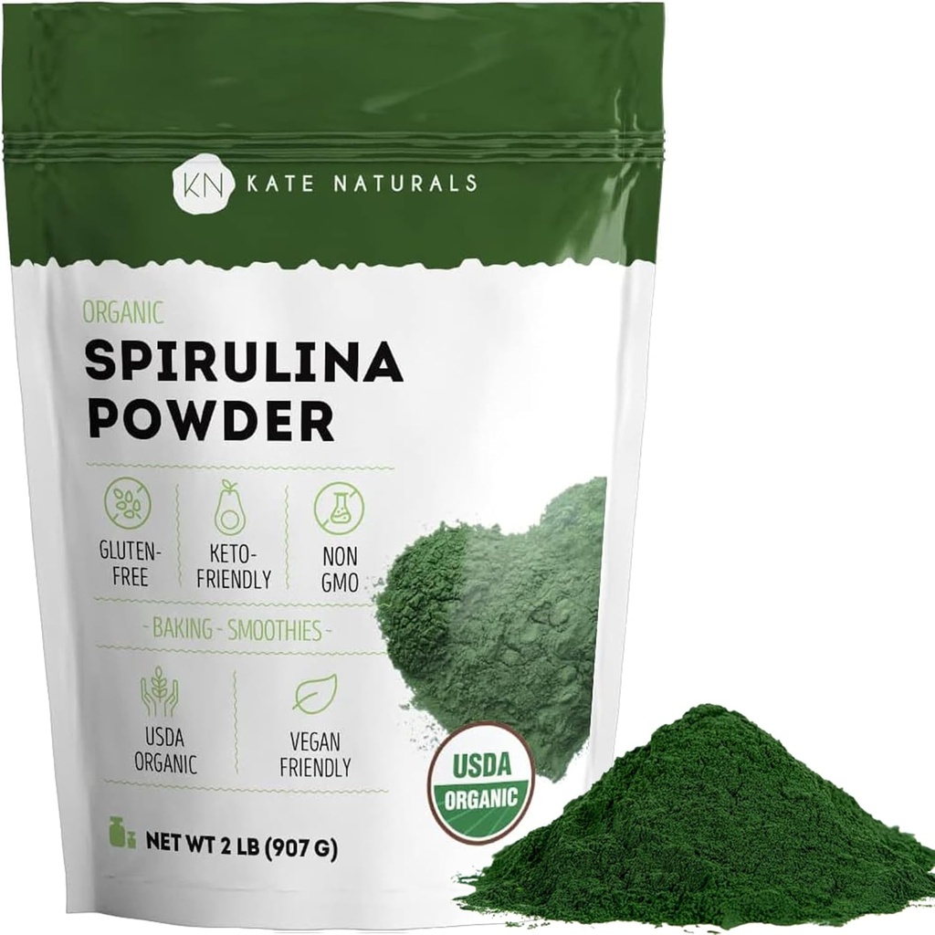 Kate Naturals Polvere di Spirulina Organica. Nutriente Dense Superfood per Smoothies e succo (2 lb, certificato USDA, non OGM, senza glutine)