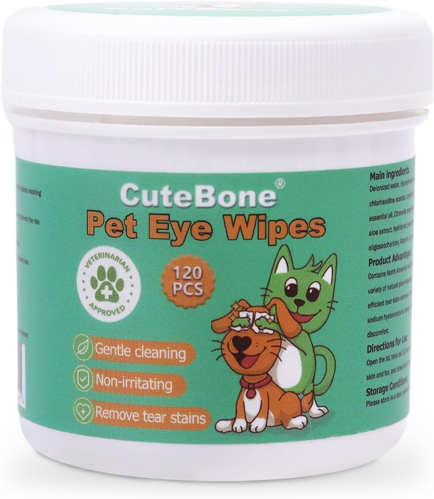 CuteBone Pet Eye Wipes 120 Conte - Depilate e lenitive per la pulizia degli occhi per cani e gatti, rimuove lo sporco, le macchie di lacrime e i detriti, previene le infezioni degli occhi, ingredienti naturali, sicuri e facili da usare
