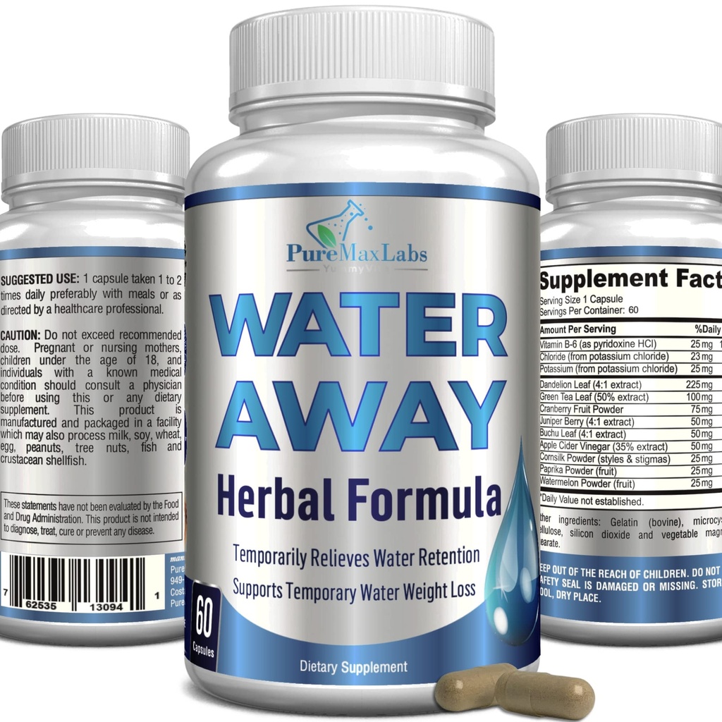 Acqua Away Diuretico Gentle Herbal - Pillole Natural Diuretic Acqua - Allevia Bloating, Ridurre il peso eccessivo dell'acqua con Dandelion Leaf, Tè verde, Detox Cleanse & Urinary Health. Non OGM, 60 capsule