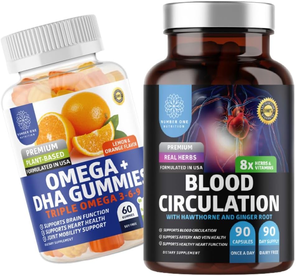 Numero Uno Nutrizione N1N Premium Integratore di circolazione sanguigna con [8 Potenti Erbe & Vitamine] e Omega 3 6 9 + DHA Gummies, 2 Pack Bundle