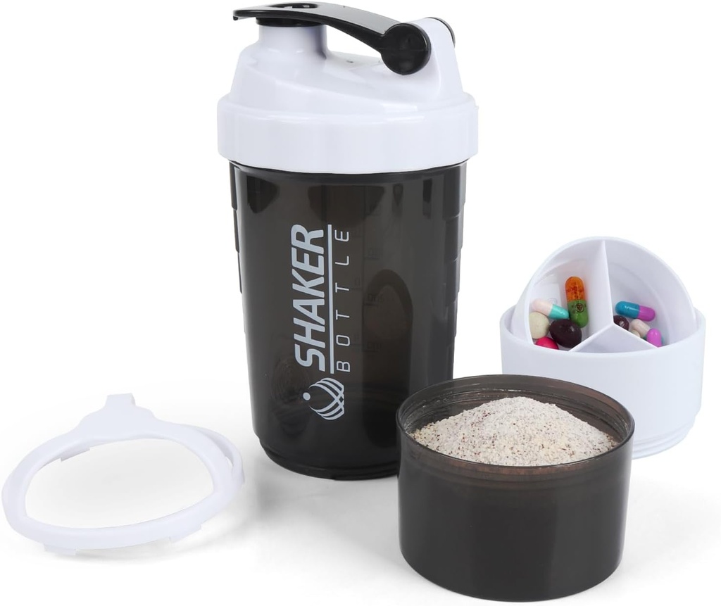 Shaker Bottiglia - Protein Shaker Cup con scomparti di stoccaggio - Bottiglie di allenamento a prova di perdite con Mixer per miscelatore di liscio-500ML/16oz (WHITE & BLACK)