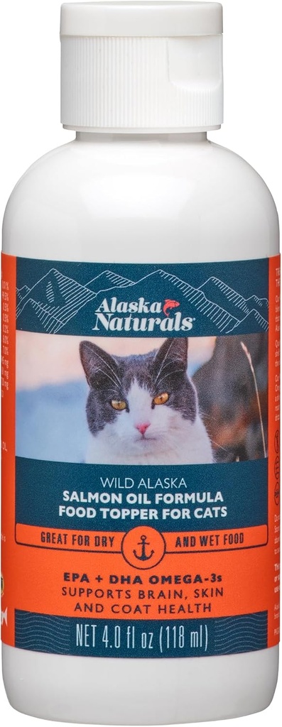 Alaska Naturals – Wild Alaska Salmon Oil Formula Cat Food Topper – EPA e DHA Omega-3 - Supplemento per Gatti Pelle sana, Shiny Coat – Made in USA – Bottiglia 4 oz