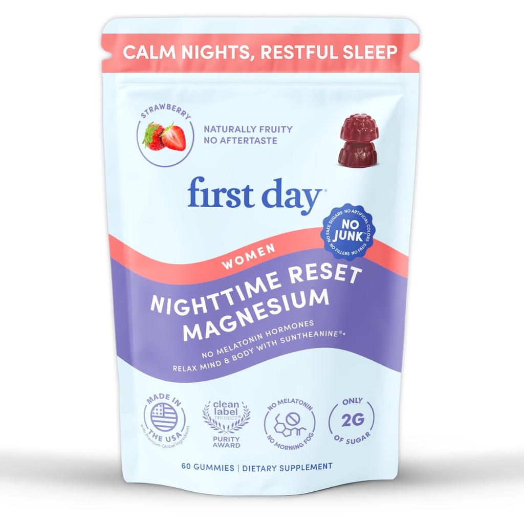 FIRST GIORNO Donna Reset calmante Magnesio Gummies – Sleep Aid Supporta il riposo pacifico, bilanciato Mood & Energy – Supplemento con Citrato di Magnesio, L-teanina & No Melatonin – fornitura di 30 giorni