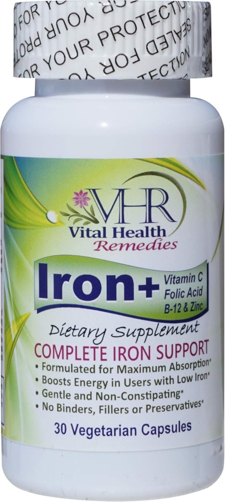 Iron+ con vitamina C, acido FOLIC, B-12 & ZINC privo di riserve, gentile e non costipante formulato per l'assorbimento massimo. 30 Tappi vegetariani - Rimedi vitali per la salute