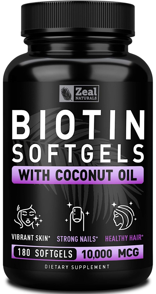 Zeal Biotin 10000mcg con olio di cocco biologico Softgels | Vitamin Biotin Supplemento | Pelle per capelli e unghie Vitamine per donne e uomini | 6 mo Fornitura - 180 Gel Capsule