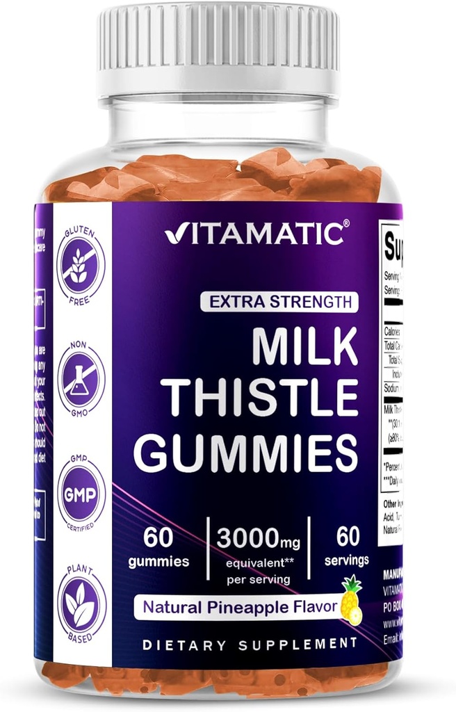Vitamatic Milk Thistle Gummies- 10000 mg Equivalent Per Serving (da 50:1 Extract 200 mg)- Detox e Anti Ossidante Salute - Min. 80% Silymarin Flavonoids - 60 Pectin Based Gummies