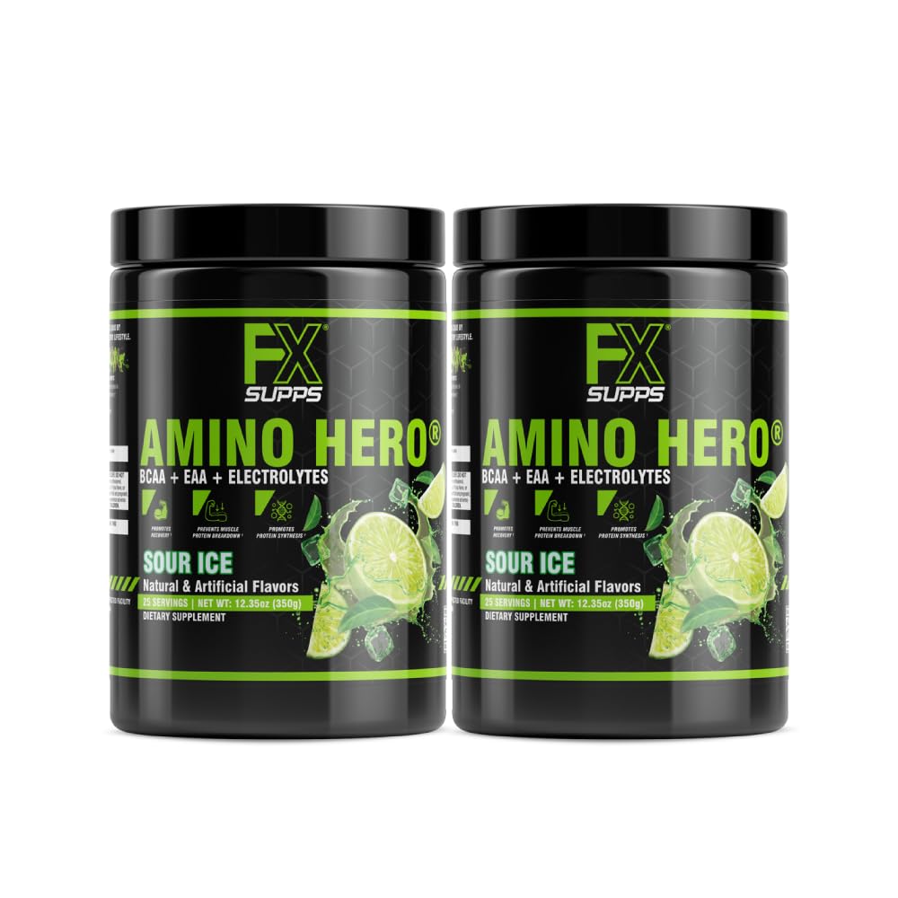 FXSUPPS Amino Hero Sour Ice Flavor (50 Serve) | Post-Workout Recovery Drink for Men and Women | Energy Powder Mix with BCAA, EAA, and Electrolytes | Promuove la resistenza e i muscoli sani - 2 Pack