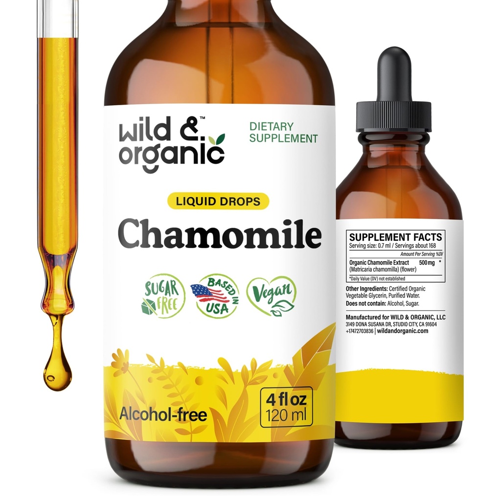 Wild & Organic Chamomile Flowers Tincture - Supplemento calmante per il relax - Gocce liquide di estratto di camomilla - Vegan, Sugar & Alcohol-Free - 4 fl oz