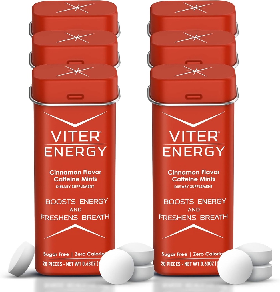 Viter Energy Caffeine Mints (120 Pezzi) - 40mg Caffeina, Sugar Free, Vegan, B Vitamins Complex, Integratore di energia Pillole di caffeina (cinnamone, 6 Pack)