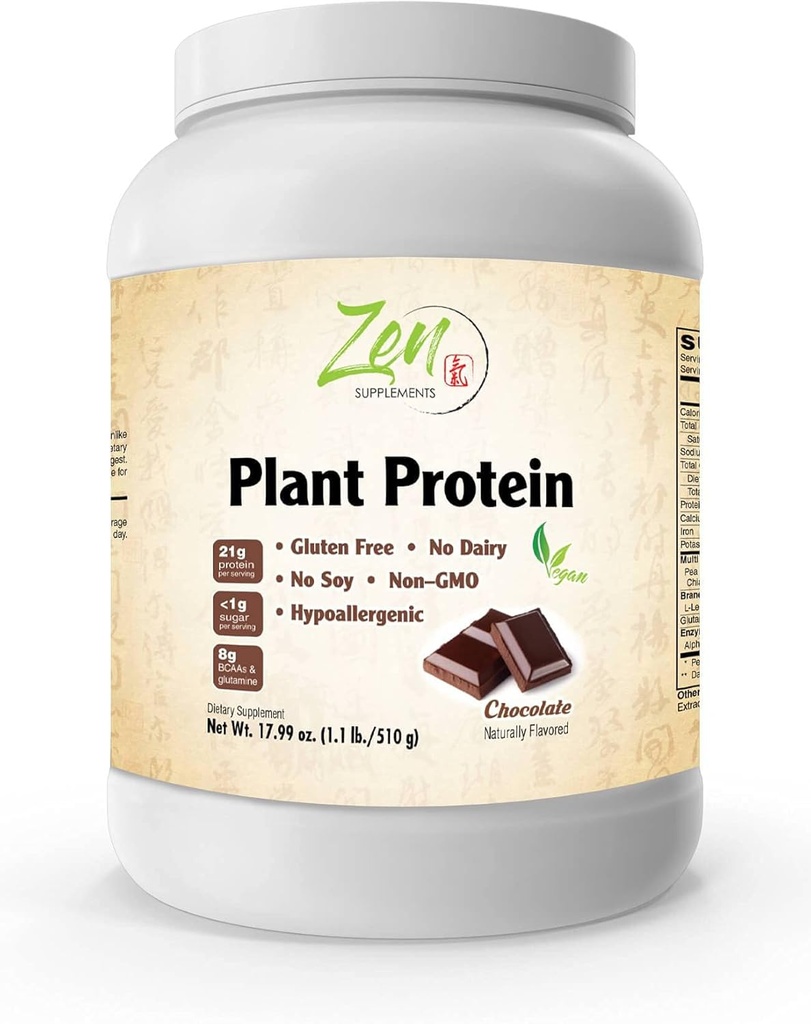 Integratori Zen - Plant Protein-Chocolate 510G 1.1LB -Powder - 23 Grammi di Proteine Per Serving -Vegan, Carbi Low Net, Non Latticini, Senza Glutine, Senza Lattosio, Senza Zucchero Aggiunto, Soy Free, Kosher, Non-OGM