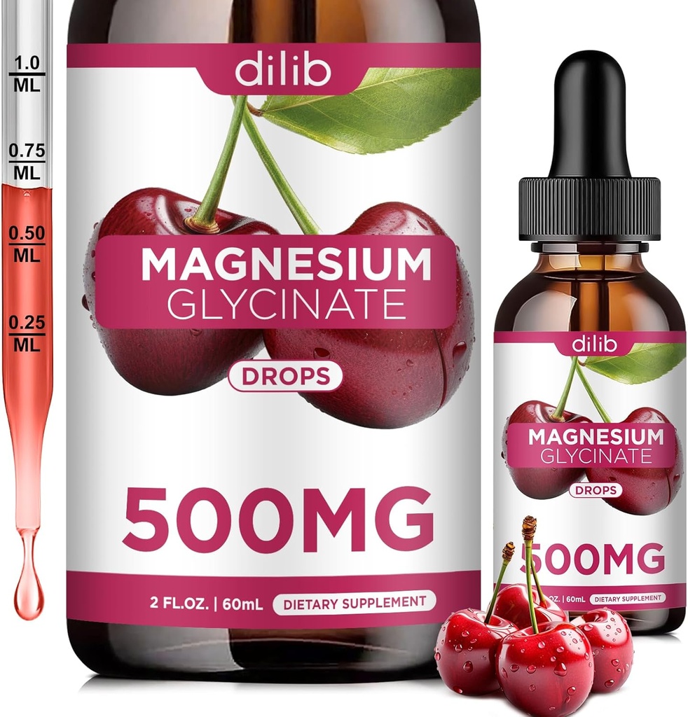 Magnesio Glycinate Supplemento, Magnesio Glycinate Liquid Drops 500mg con Calcio, Zinco, Vitamina B6, D3, L-teanina, Omega 3 per il sonno, Mood, Stress Relief, Bone, Muscolo, Cherry Flavor