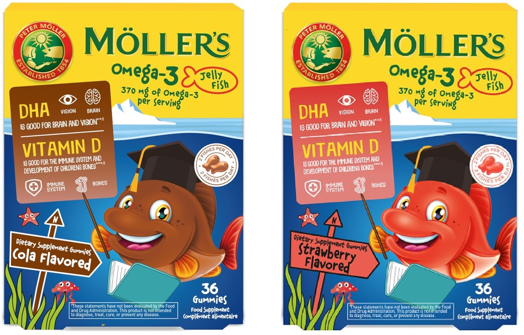 MÖLLER'S | Omega 3 capsule per bambini | Pesce naturale Omega 3 con DHA e EPA | Facile da cucire, senza glutine, lattosio e zucchero | Confezione di 72 | Flavore Cola & fragola