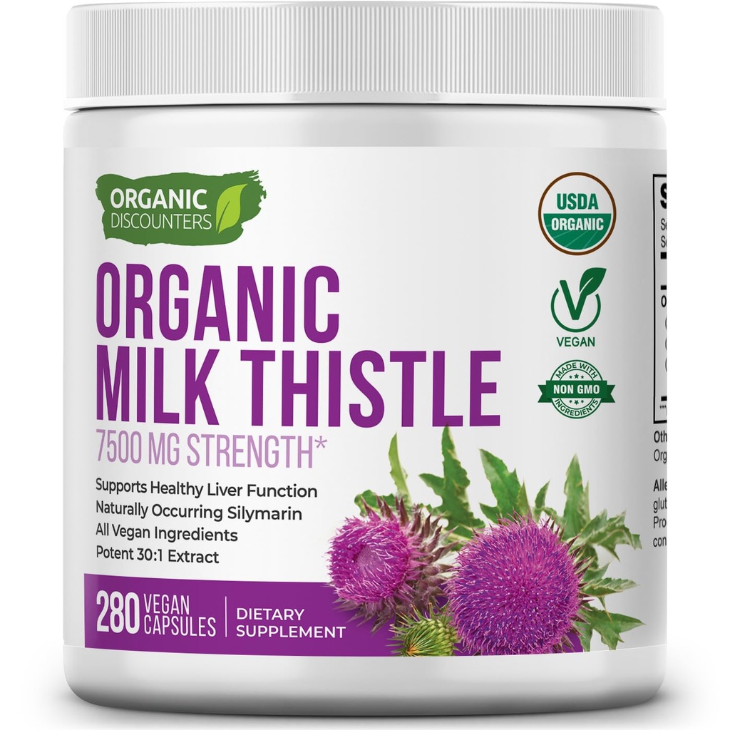 USDA Organic Milk Thistle 30:1 Extract Capsule, 280 Vegan Capsule, Ricco in Silymarin Flavonoids, Liver Cleanse e Liver Detox Support, Standardized 30X Extract, Made in Italy