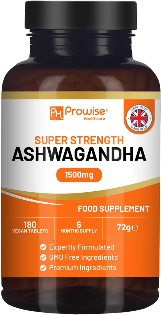 Ashwagandha 1500mg 180 Compresse Vegan | Fornitura di 6 mesi | Pure High Strength Ashwagandha Root Extract | Made in UK by Prowise Healthcare