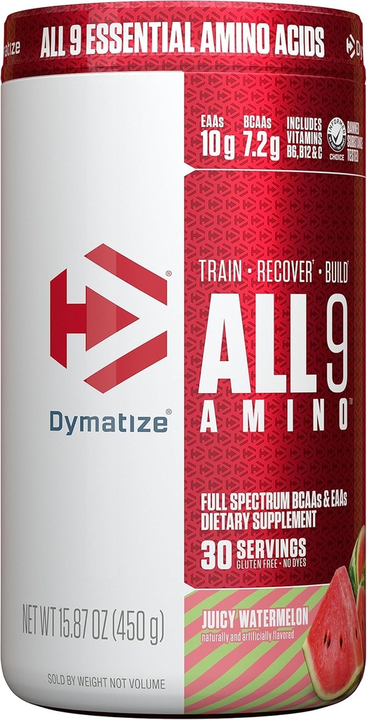 Dymatize All9 Amino, 7.2g di BCAA, 10g di aminoacidi essenziali dello spettro completo che servono per il recupero e la sintesi proteica del muscolo ottimale, anguria succosa, 30 Serve, 15.87 oncia