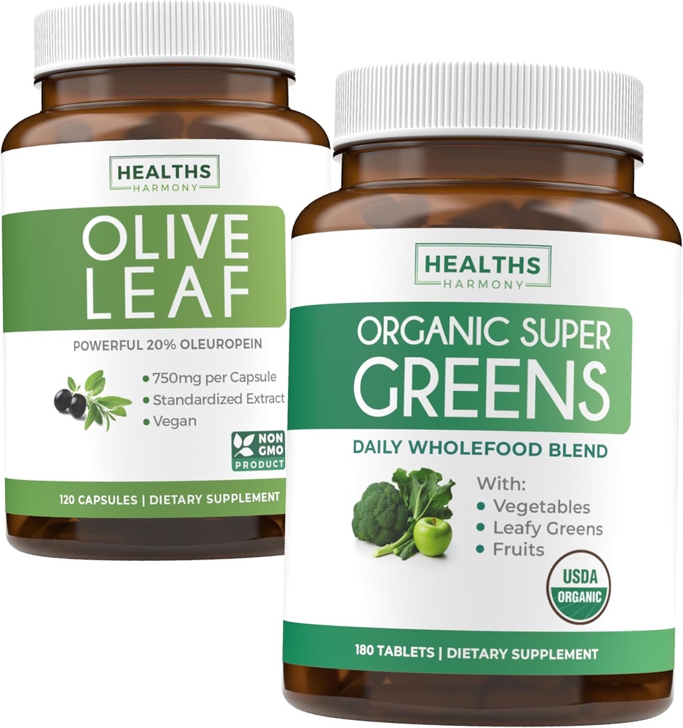 Estratto di foglie di oliva & Greens Super Organici (4-Month) Pure Plant Power Bundle of Olive Leaf Extract (120 Capsules) Super Strength & Organic Super Greens (180 Tabets) Organic Superfood