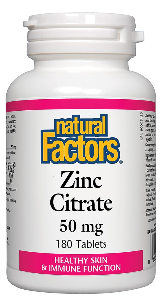 Fattori naturali - Citrato di zinco 50mg, Supporto per la pelle sana e la funzione immunitaria, 180 compresse