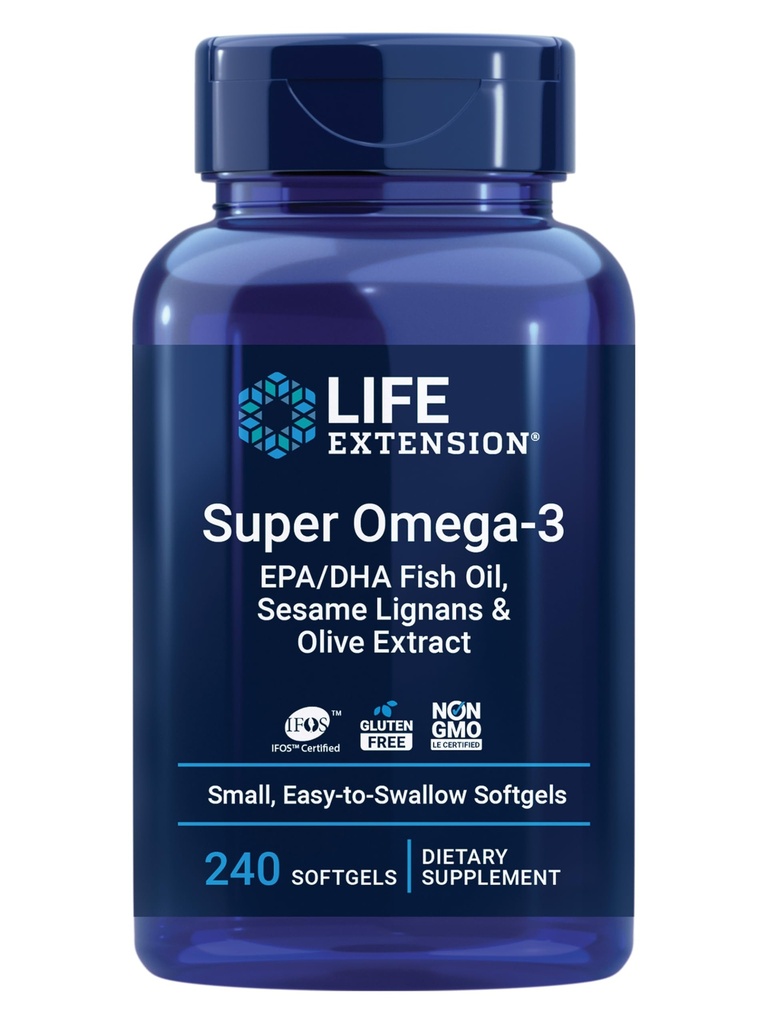 Estensione della vita Super Omega-3 EPA/DHA Fish Oil, sesamo Lignans & Olive Extract – Salute del cuore, Salute del cervello, Inflammation Health Support, Gluten-Free, Facile da ingoiare, Non-GMO, 240 Softgels