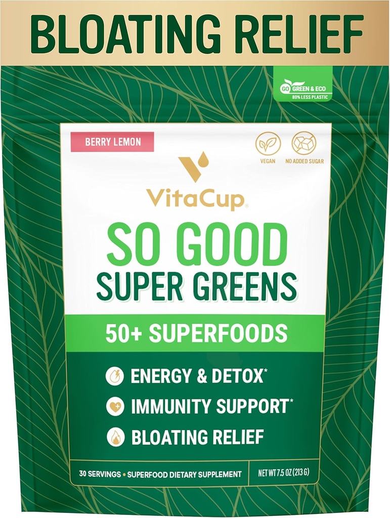 VitaCup So Good Super Greens Powder w/ 50+ Superfoods Premium, Boost Energy, Detox, Immunity w/Probiotics, Prebiotics, Fibra, Antiossidanti, Adaptogens, Spirulina, Berry Lemon,30 Servings