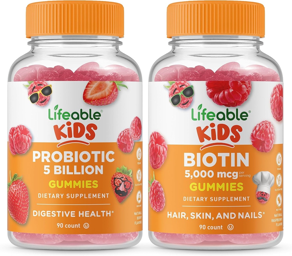 Probiotici vitali 5 miliardi di bambini + Biotin bambini, Gummies Bundle - Grande degustazione, Supplemento di vitamina, Senza glutine, OGM libero, pancia masticabile