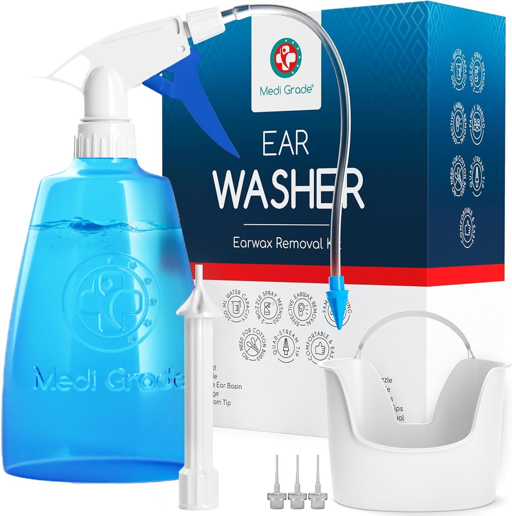 Kit di pulizia dell'orecchio di Medi Grade Compreso Bottiglia di pulitrice dell'orecchio, Bacino con la punta di Quad-Stream - Kit di rimozione della cera d'orecchio per la clarity uditiva avanzata - Strumento di rimozione della cera dell'orecchio per l'igiene dell'orecchio