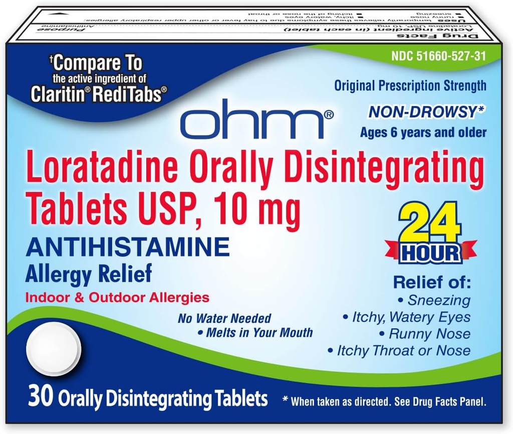 Ohm Loratadine 10 mg Allergy Medicine - Non Drowsy All Day Allergy Relief, 24 ore Antistamina, Orally Disintegrating Tablets, Efficace Rilievo, per età 6 e superiore - 30 Conte
