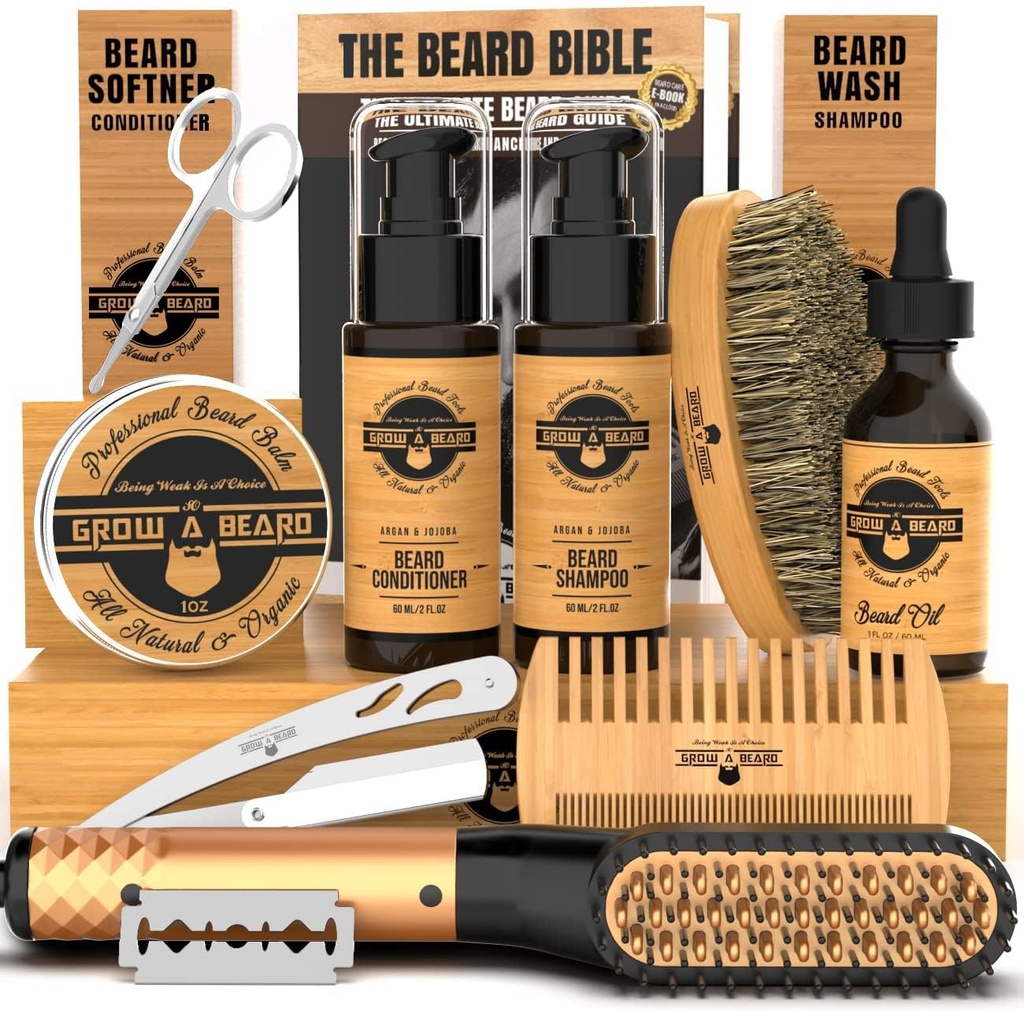 Cuscinetto raddrizzante Grooming Kit per gli uomini, Kit di crescita del cuscinetto, Lavare, Brush & Comb, Olio di crescita non profumato, Tutto naturale Chanel Balm, Condizionatore, Rasoio & Forbici, Grande Idea regalo per gli uomini (Bamboo)