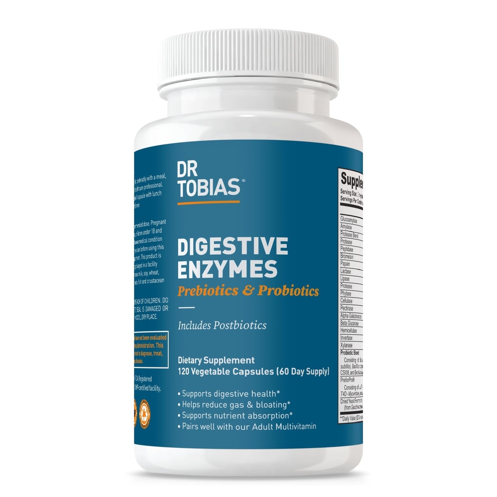 Dr. Tobias Enzimi digestivi con probiotici, prebiotici e postbiotici Bromelain, Amylase, Lipase, per una migliore digestione e funzione immunitaria, 120 capsule 60 Serve (2 al giorno)