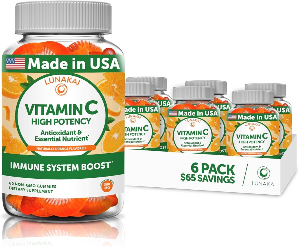Lunakai Vitamina C Gummies per adulti e bambini - Organic VIT C Vegan Chewable Gummy Vitamine - 250 mg Adulti, Bambini, Cuciture per bambini - 6 Pack
