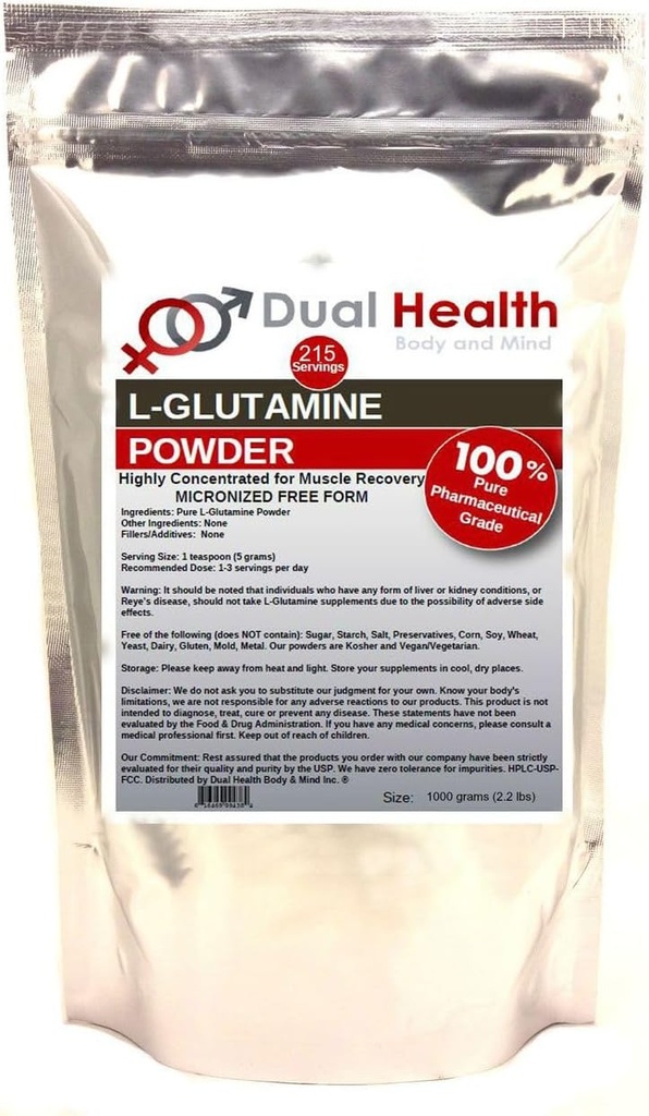 L-Glutamine (1000 Grams -2.2 lbs) Pure Powder 5000mg Free Form Bulk Supplements, Made in USA, Immune Digestion GI Support Leaky Gut Health Muscle Energy Stamina Endurance Strength