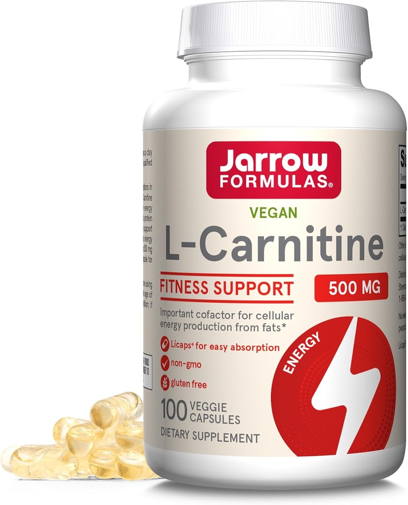 Jarrow Formulas L-Carnitine 500 mg - 100 Veggie Licaps - Cofattore importante per la produzione di energia (ATP) da grassi - Vegan - Fino a 100 Serve