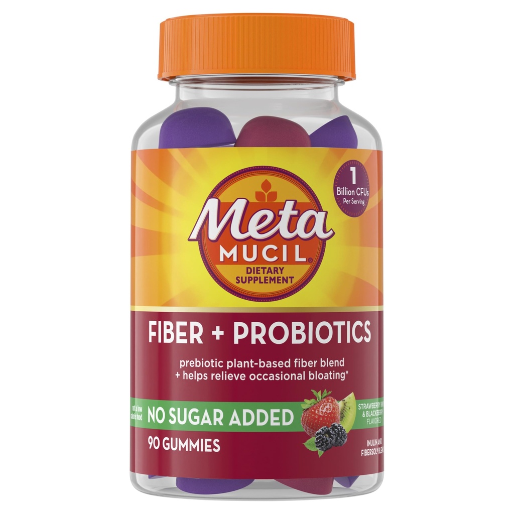 Metamucil Fiber Gummies per adulti con probiotici per Bloating Relief, No Sugar Aggiunto Strawberry Kiwi BlackBerry Flavors, 5g Prebiotic Plant Based Fiber Supplement Blend, 90 Conte