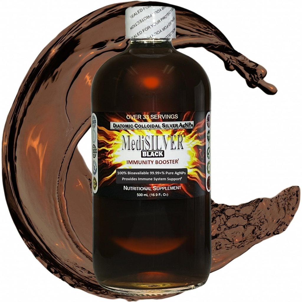 MediSILVER Black Immunity Booster Diatomic True Colloidal Silver AgNP Nutriente - 500 mL in vetro trasparente bottiglia