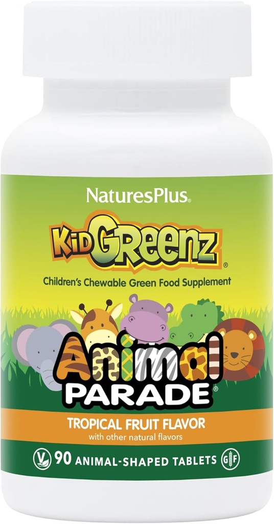 NaturesPlus Animal Parade KidGreenz, Tropical Fruit Flavor - 90 Animal-Shaped, Chewable Tablets - Confezione da 2 - con Broccoli & Spinach - Vegetariano, Gluten Free - 180 Total Servings