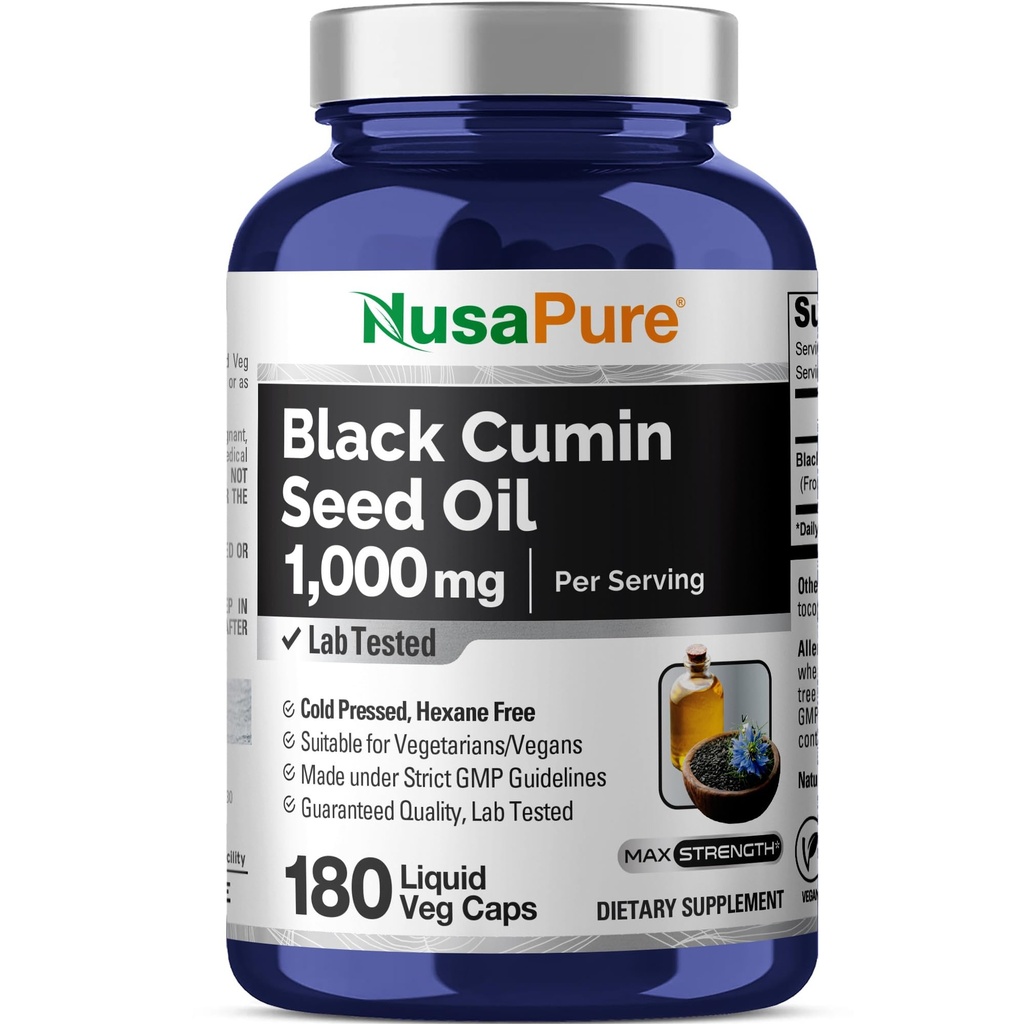 NusaPure Black Seed Oil 1.000 mg per Serving 180 Softgel Capsules (Non OGM, Vegetariano) Vergini a freddo Pressed Nigella Sativa. Hexane Gratis